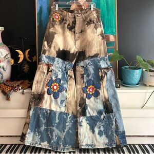 Upcycled Frayed Patchwork Jeans – 34" Waist Handmade Streetwear Pants Wide Leg